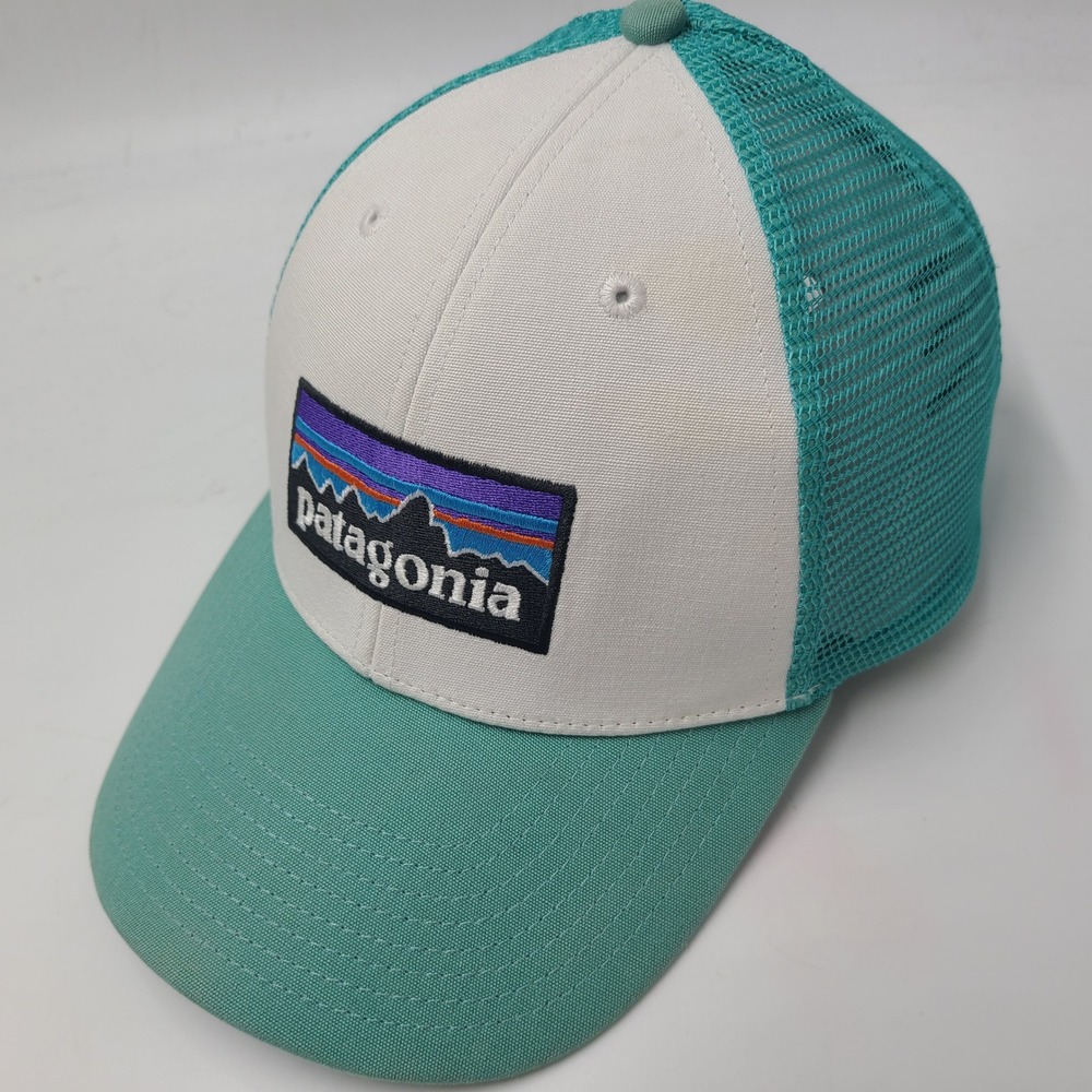 Patagonia Hat Snapback Trucker Mesh Teal White P-6 Logo Outdoor Hike Mountain